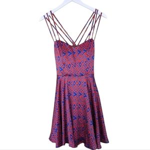 B Darlin dress orange blue strappy shirt fit & flare Aztec geometric 5 6